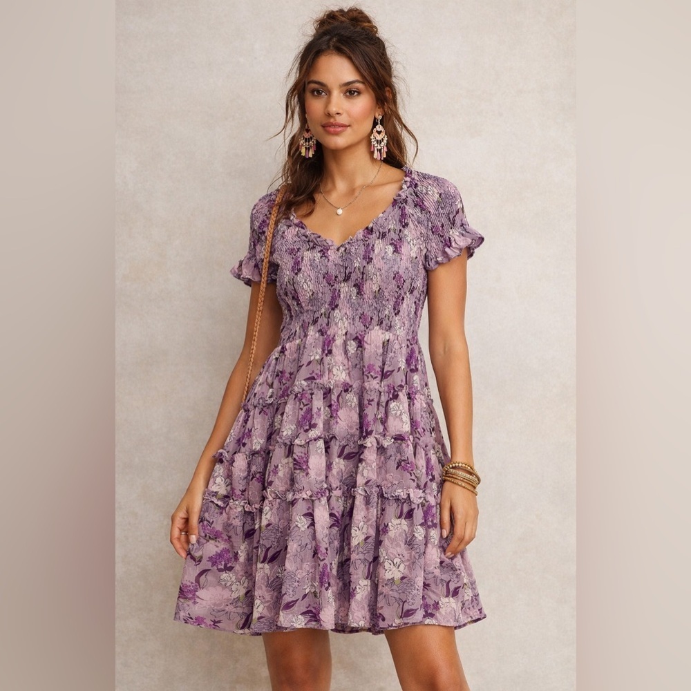 NWT En Saison floral smocked tiered mini dress in lilac